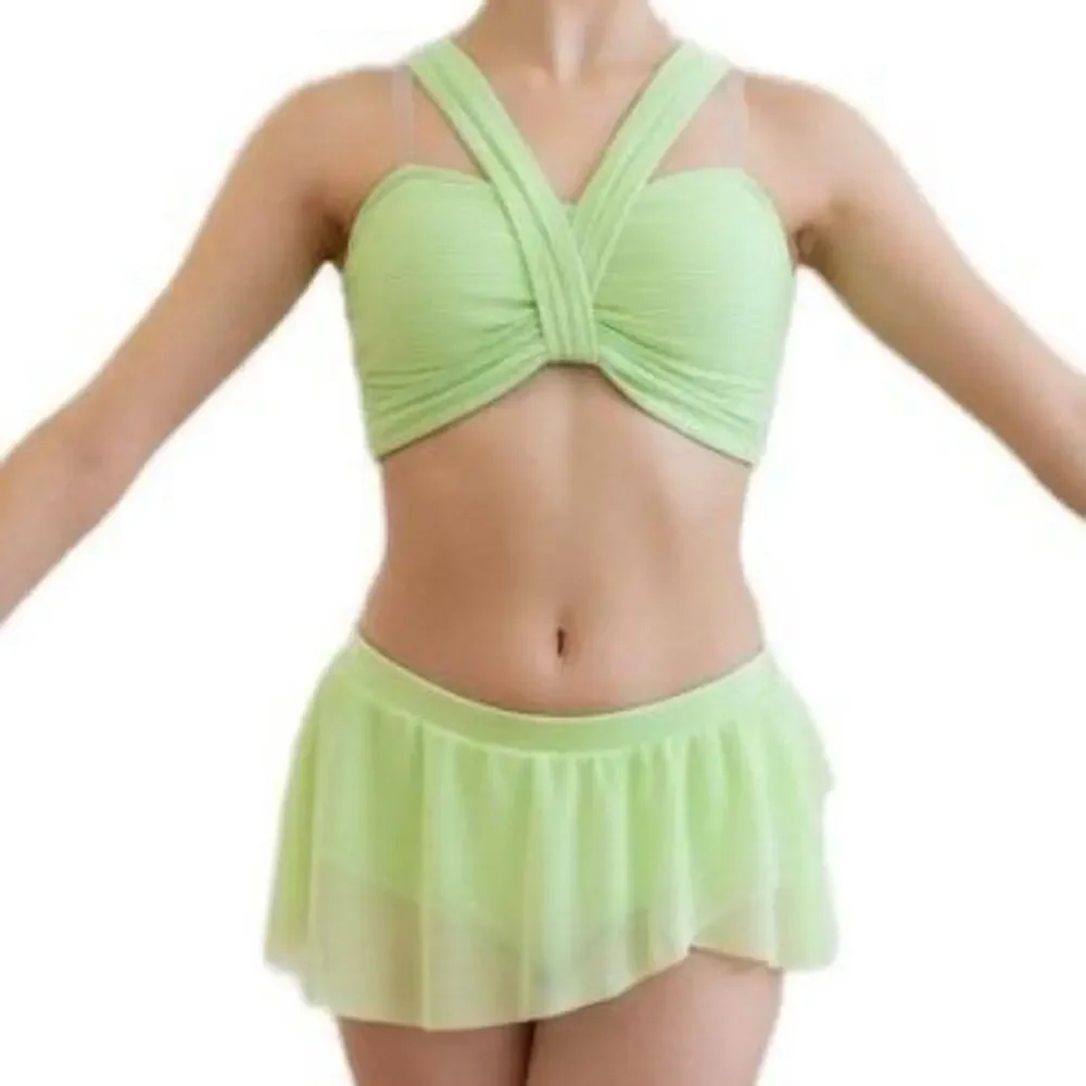 Double Platinum SET Lime Green Ribbed Knot Halter Dance top and Skirted brief AM